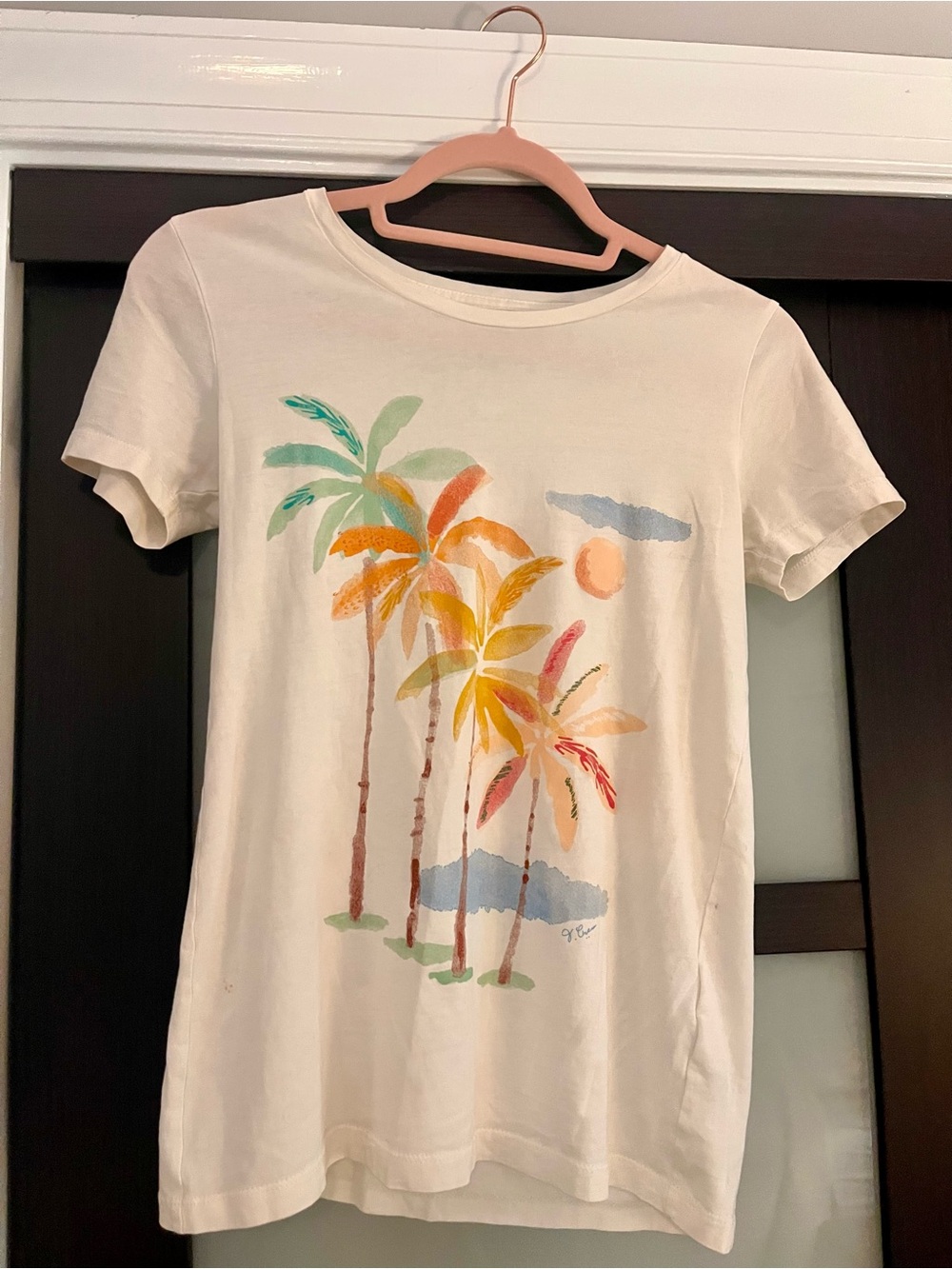 J. Crew Factory Cream Short Sleeve Tee with Multi-Color Palm Print